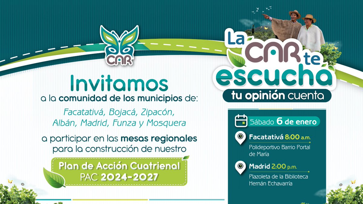 CAR_Cundi's tweet photo. ¡Construir un futuro sostenible es responsabilidad de todos! Si vives en los municipios de #Facatativa, #Bojaca, #Zipacon, #Alban, #Madrid, #Funza o #Mosquera, acompáñanos en las mesas regionales para la construcción de nuestro Plan de Acción 2024 - 2027.
#CARteEscucha https://t.co/zQLXLWDtxW