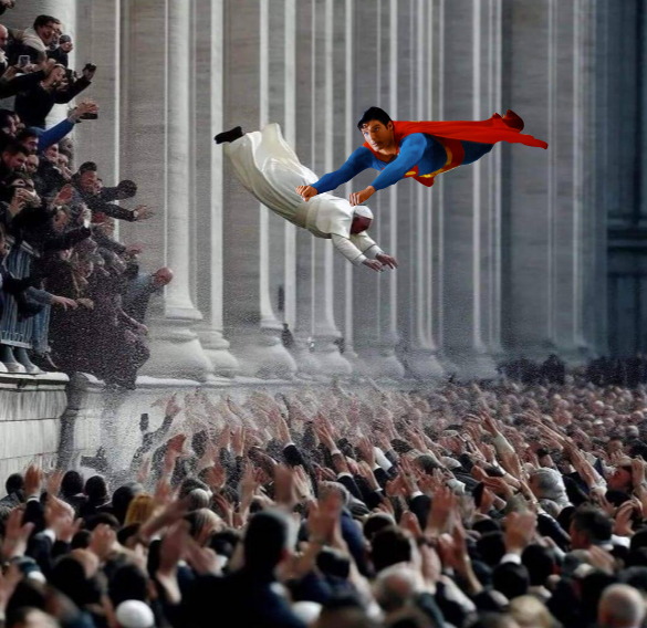 ArmchairPhilo13's tweet photo. @JhWesten Superman saves Pope Francis, who is in free-fall. https://t.co/bXrZzWAOj7
