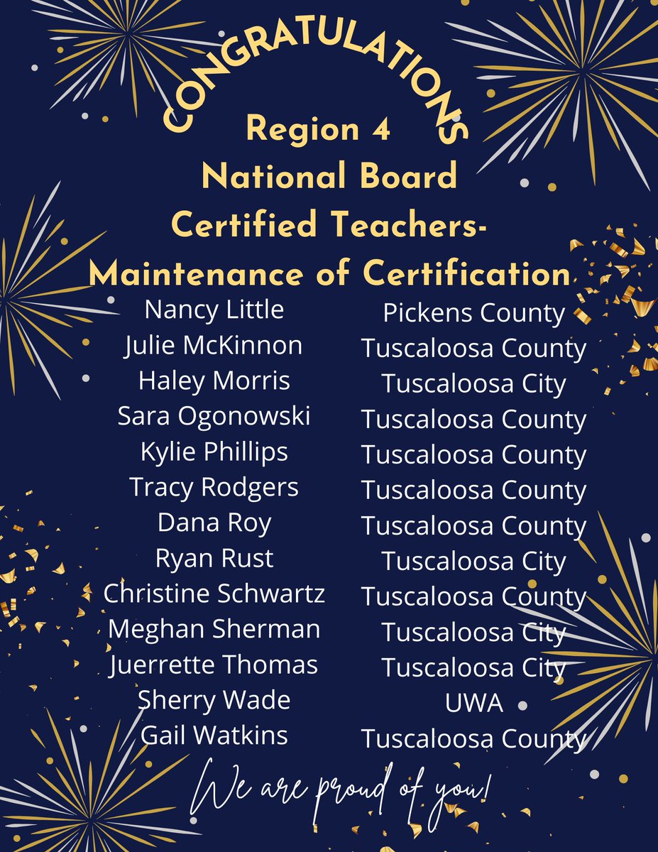Congratulations to these teachers in Region 4 who completed their maintenance of certification as NBCTs! We are so proud of your continued dedication to excellence! @TCSBoardofEd @tcss_schools @AMSTI_UA_UWA @UCSTrailblazers @alnbctnetwork
