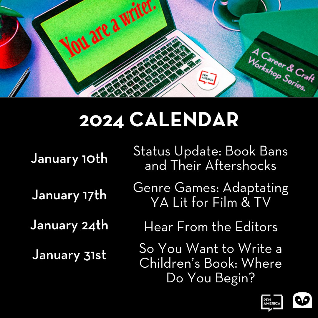 scbwi's tweet photo. SCBWI is thrilled to be partnering with PEN America @penamerica for a series of free online career and craft workshops as part of their You Are A Writer series. The virtual program will take place every Wednesday in January 2024 @ 5pm Pacific/8pm EST.

https://t.co/DC59MAwCjC https://t.co/QBG5DXswHI