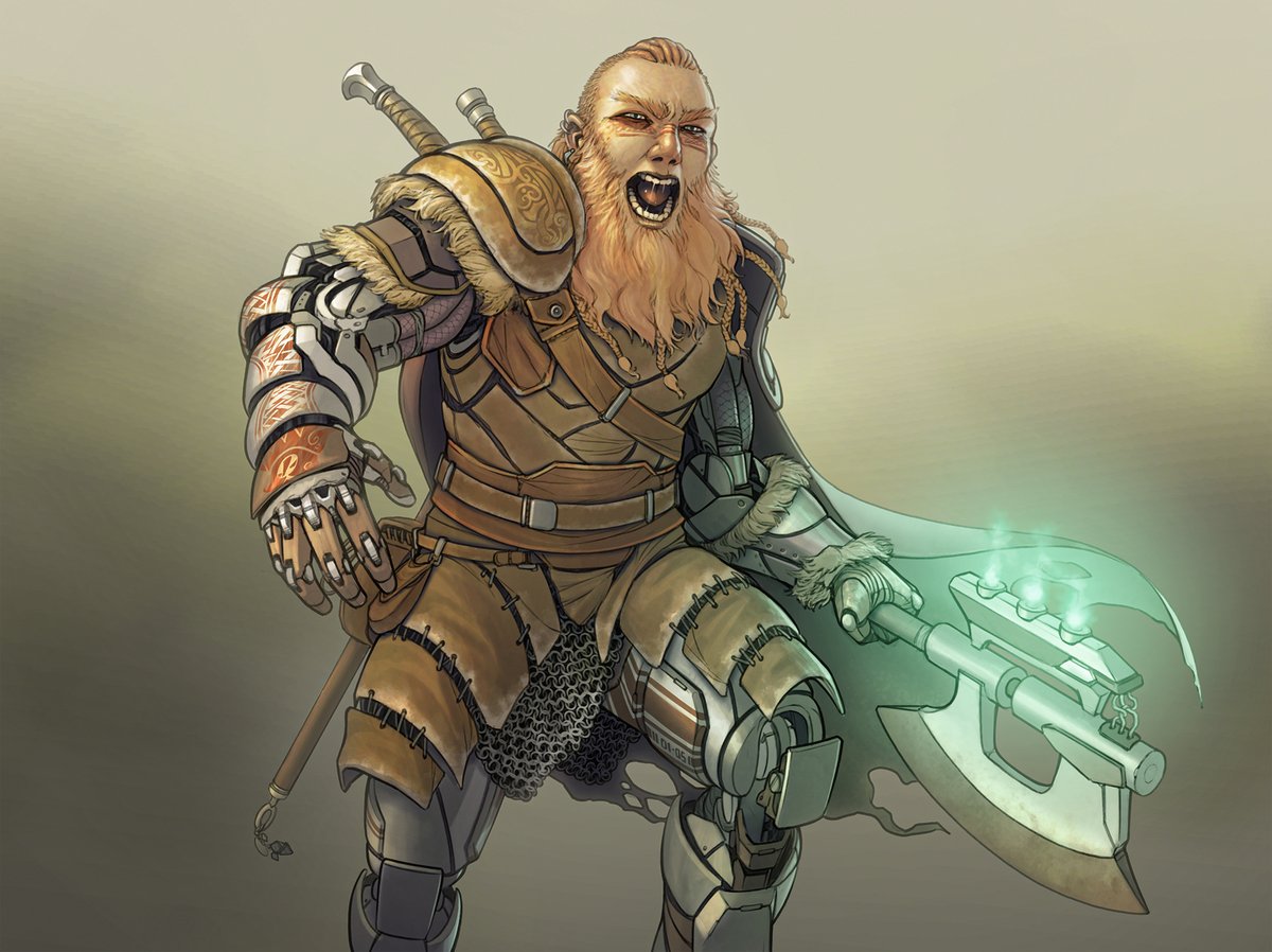 oabnormal's tweet image. I did something at the end of 2023 that I don't normally do: I took a break. Didn't draw for a little over a week! (that's a LOT for me).
So I started up 2024 with this image to shake of the dust, get back into gear and all that crap.
A CYBORG DWARVEN WARRIOR!