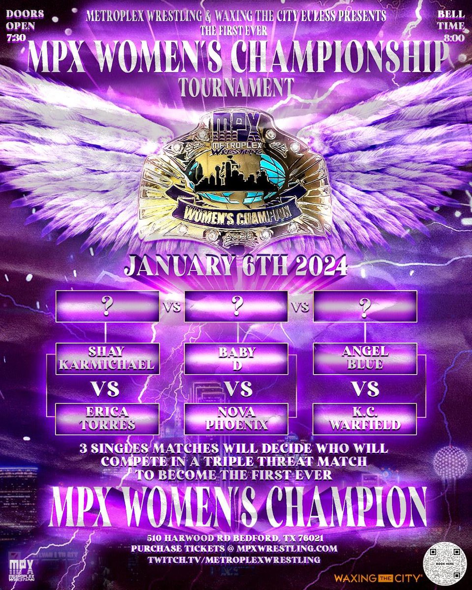 TOMORROW! @MPXWrestling crowns it’s FIRST EVER Women’s Champion in a 6 competitor, 1 night tournament, brought to you by @WaxingtheCity! Who makes history & walks out the 1st MPX Women’s Champion? Baby D, Nova Phoenix, Shay Karmichael, Erica Torres, KC Warfield, or Angel Blue?