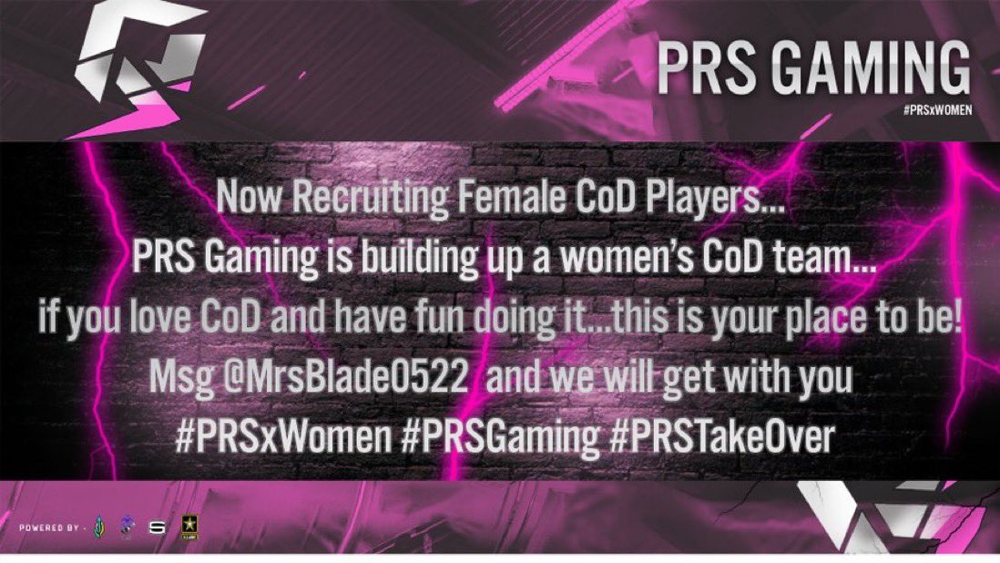 SlicCB0ii's tweet photo. Here’s your chance ladies!!!
@PRSGamingGG
We are recruiting!!
2024 will be our year and your too!
#PRSGaming #PRSTakeOver #PRSxWomen https://t.co/2yw7u2gNMa
