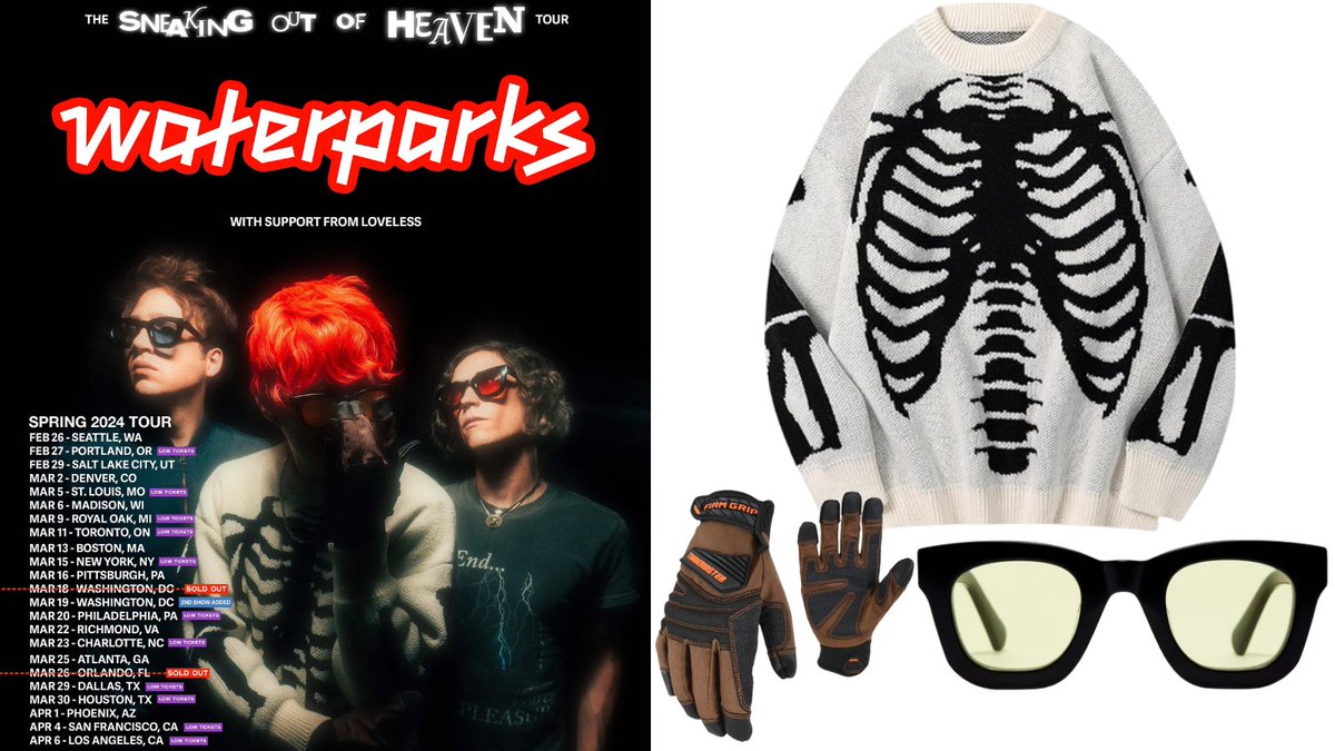 To promote their upcoming Sneaking Out Of Heaven tour, Awsten wears a generic white skeleton sweater (most similar here shorturl.at/aruw5). He pairs it with Strata Roadcase sunglasses in black/lemon ($240) and Firm Grip Trade Master gloves ($15.97).
📸@jawn via @waterparks