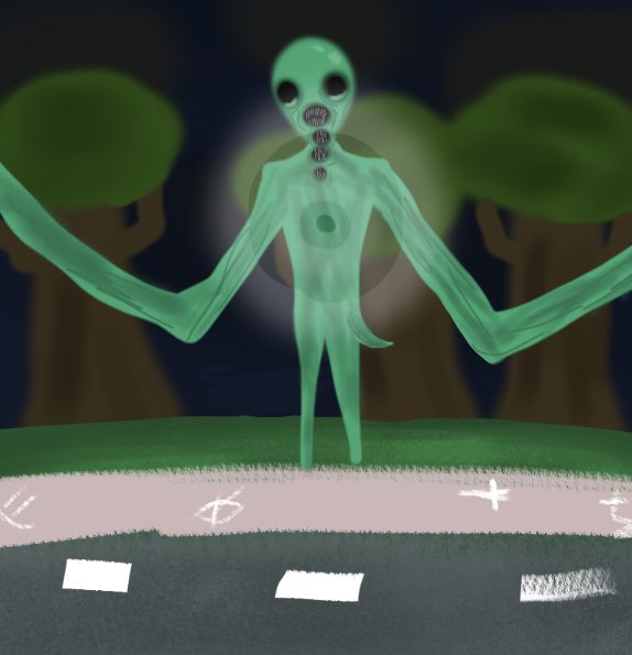 The tall creature stands on the other side of the road, so close to you, its prey, but the markings in chalk on the sidewalk create a protective barrier between it and you, it’s gonna rain tomorrow, and those markings will be washed away,  god forbid anyone comes down the road.