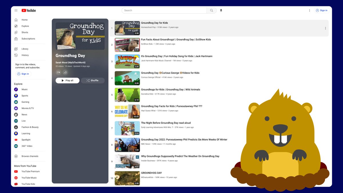 Sink your teeth into this YouTube playlist from Sarah Wood with 20 short videos for kids about Groundhog Day. #TeacherTwitter

youtube.com/playlist?list=…