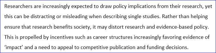 Dialling back ‘impact’ claims: researchers should not be compelled to make policy claims based on single studies doi.org/10.1093/ije/dy…