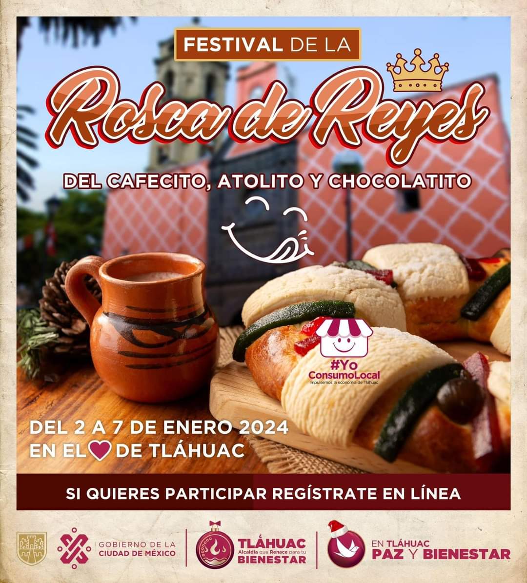 Tláhuac invita al Festival de la Rosca de Reyes, estará abierto hasta el domingo 7, de las 10 a las 20 horas.
La cita es en la explanada de la alcaldía, Nicolás Bravo s/n, Barrio La Asunción. #diadereyes

#LaCiudadQueLoTieneTodo #Tlahuac #TurismoGastronómico #InviernoCDMX