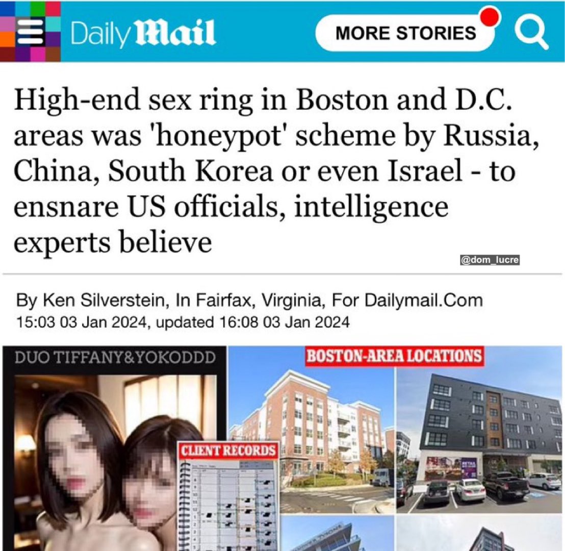 🔥🚨DEVELOPING: A secret sex trafficking ring that was exposed in Boston and D.C. was a Jeffrey Epstein style honeypot scheme that Israel, Russia, and South Korea used to blackmail US political officials. On October 22, 2023, it was announced that a Pentagon Official at Office