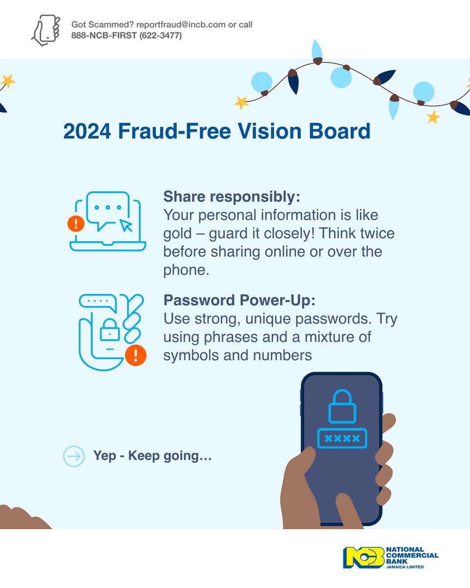 ncbja's tweet photo. 2024 is the year to defeat scammers.
Here are a few tips to keep safe and fraud-free.
Remember, we will never send you links or click-through buttons in emails or text messages.
.....
#FFF #FightingFraudFridays #NCBUpdate #KeepSafe #ScamAlert #HappyNewYear https://t.co/HUoiHMvWAT
