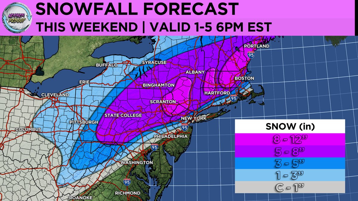 wxreboot's tweet photo. Here is our updated snowfall forecast for this weekend's winter storm arriving tomorrow into Sunday! Our team expects the heaviest snowfall to fall over the interior regions of the Mid Atlantic/Northeast. There will be a very tight gradient in snowfall amounts as you approach coastal areas due to mixing/rain issues! Final forecast map will be posted tomorrow morning. Stay tuned for updates!