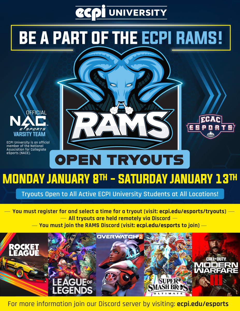ECPIRams's tweet photo. New Year New Season! The ECPI Rams are looking for new players for the Spring Season. Tryouts are being held Jan 8th - Jan 13th.
Game Titles:
Rocket League
League of Legends
Overwatch
Super Smash Ultimate
Call of Duty: MW3
Reserve your tryout spot today! https://t.co/X072M9I2S0 https://t.co/lpnjTV3lvm