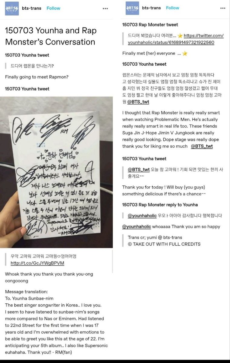 7centralbangtan's tweet photo. A cantora Yunha compartilhou a carta de Namjoon para seu ídolo.

Trad da mensagem:

"Para Yongha Sunbae-nim.

O melhor cantor e compositor da Coreia. 
Eu te amo. 
Acho que ouvi mais as músicas do sunbae-nim do que do Nas ou do Eminem. 
Ouvi 22nd Street pela primeira vez aos 17 anos e estou emocionado porque posso cumprimentá-los assim aos 22 anos. 
Estou ansioso pelo seu 5º álbum.. Também gosto de Supersonic hahahaha.

Obrigado!! 
-RM (fã)"

Younha disse: 
"Achei Rap Monster muito, muito inteligente quando o vi em "Problematik men", mas ele também é muito inteligente na vida, e seus amigos Suga, Jin, J-Hope, Jimin, V e Jungkook também são muito, muito lindo e legal. 
A cena também é legal, mas estou muito, muito grata por ele gostar tanto de mim."

💜✨

© btstimenews

~🐖 @BTS_twt