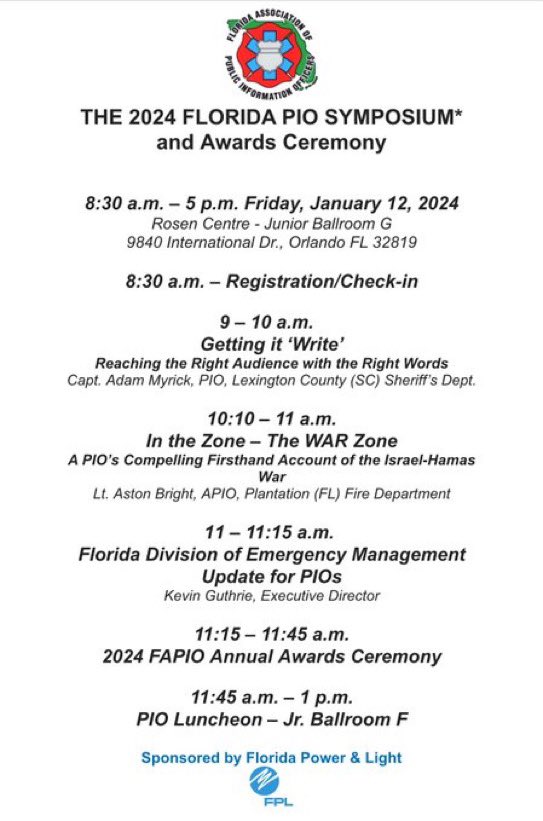 mcfrsPIO's tweet photo. @FEMA_EMI @PIOMarkBrady @PIOPete @RosenCentre @OCCC @FlFireChiefs @FloridaPIOs A nice PIO experience is about to happen next week in Orlando, FL (temps in 60s/70s, just sayin’) the @FEMA_EMI L0105 PIO Basics &amp; #MPIO Advanced PIO Skills Workshop, as well as, Symposium Agenda &amp; Awards will be hotter. SEE: https://t.co/E0g8yncXN7 link &amp;/or QR code to register https://t.co/VwSL6JYxiV
