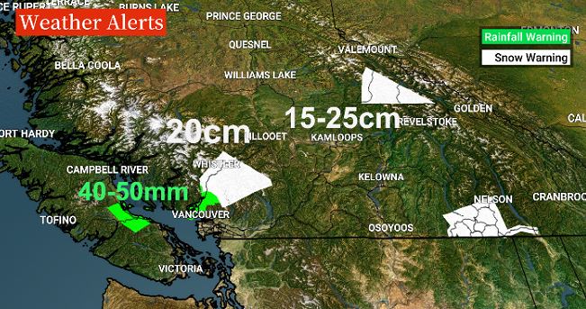 Whistler expecting up to 20cms of fresh snow with multiple snow and rainfall warnings in place for parts of BC today & tonight. Next week temperatures drop to sub zero daytime highs even for Metro Vancouver #BCStorm @GlobalBC