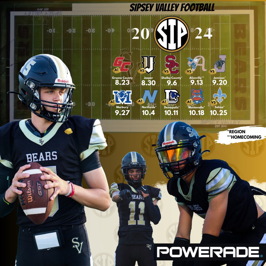 SipseyValley_FB's tweet image. Your 2024 5A Region 3 Sipsey Valley Football Schedule. Go Bears!