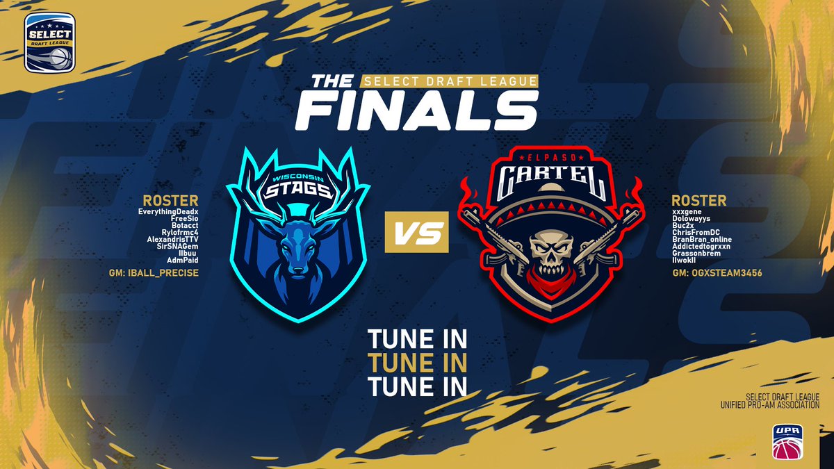 SIBA G League (@sibagleague) on Twitter photo π¨π¨π¨FINALS π¨π¨π¨
<a href="/SelectStags/">Wisconsin Stags π¦</a> vs <a href="/SelectCartel/">El Paso Cartel ππ</a>
TONIGHT AT 10pm π₯π₯π₯
Bo5 βΌοΈ
Check out our live stream Tonight for Select Draft Finals βΌοΈβΌοΈ
Twitch.tv/unifiedproam π¨π¨π¨FINALS π¨π¨π¨
<a href="/SelectStags/">Wisconsin Stags π¦</a> vs <a href="/SelectCartel/">El Paso Cartel ππ</a>
TONIGHT AT 10pm π₯π₯π₯
Bo5 βΌοΈ
Check out our live stream Tonight for Select Draft Finals βΌοΈβΌοΈ
Twitch.tv/unifiedproam