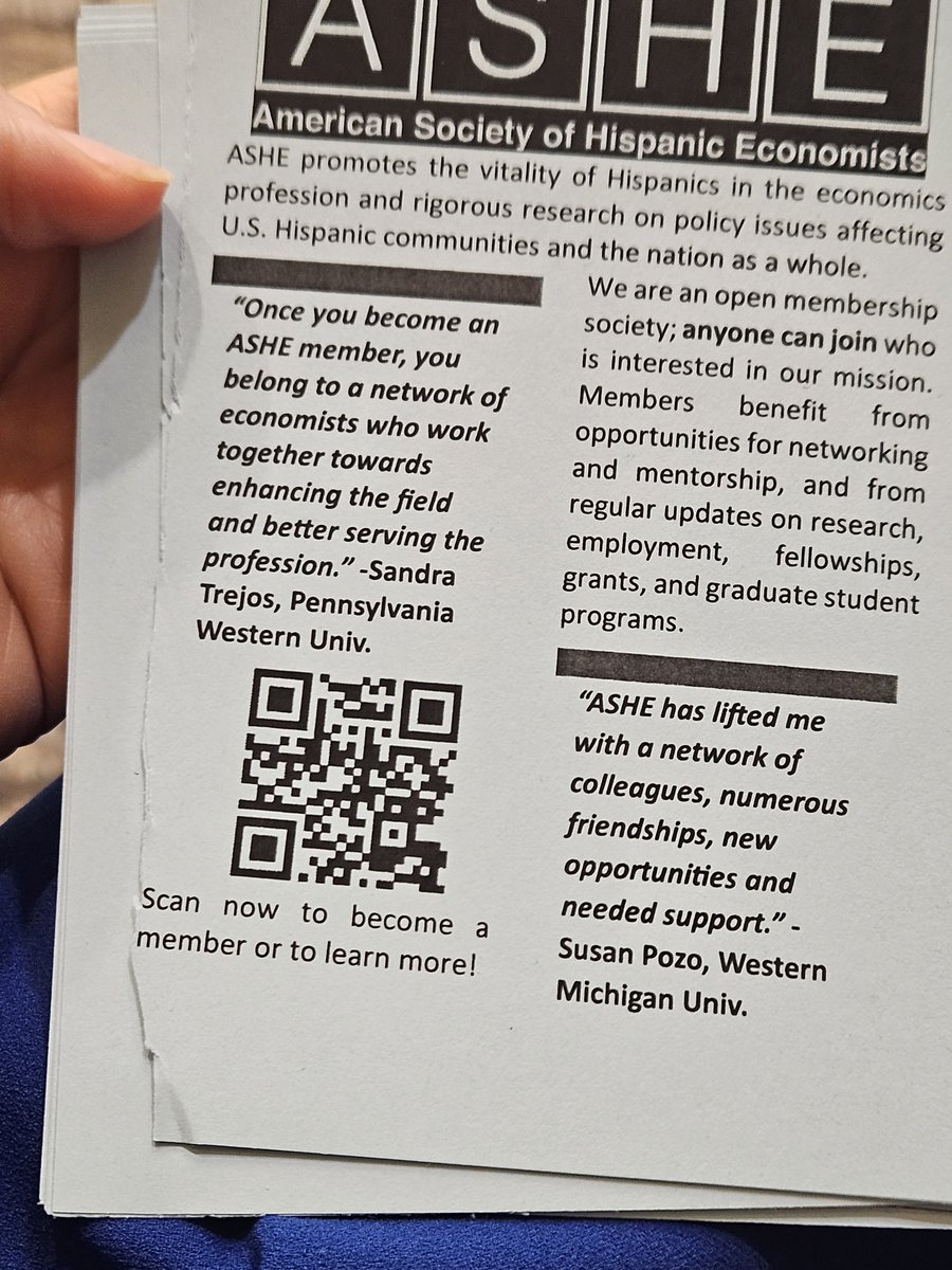 #ASHEPresente #ASSA2024 Do you know about the American Society of Hispanic Economists? @ASHE_ASSA, if you self-identity as Latino, or work on issues on Latinos in the US and the glove, consider becoming a member. Look at the second picture.