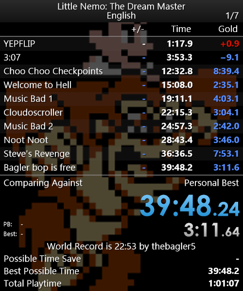First finished Nemo run. Died a lot in the autoscrollers of all places and had a game over in Nightmare Land 2. Gamed pretty huge in Nemo's House and got the basement skip lmao.