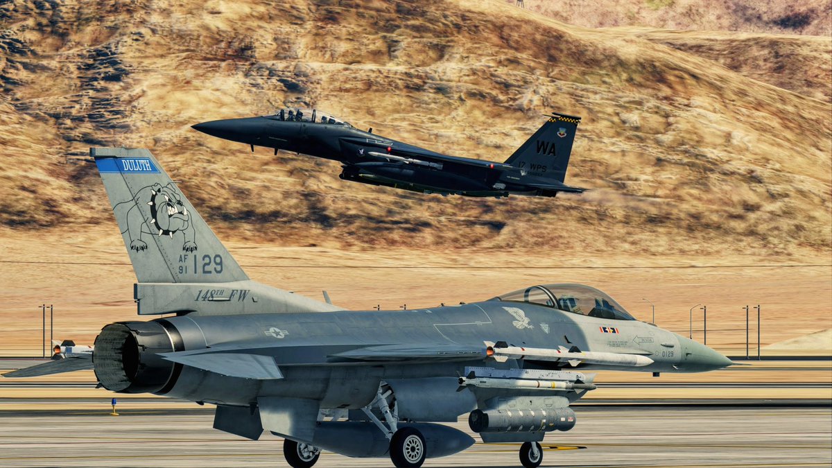 SpectreBit_'s tweet image. The glorious Weapons School F-15E departing 03L from Nellis #dcs #f15e @RAZBAM