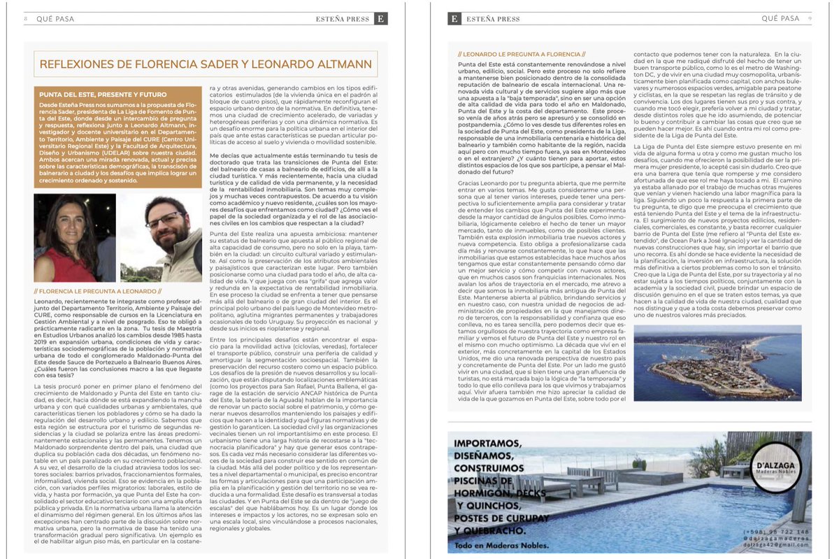 "Creo que la #Liga de #PuntaDelEste, por su trayectoria y al no estar sujeta a los tiempos políticos (...) puede brindar un espacio de discusión genuino en el que se traten temas que hacen a la calidad de vida de nuestra ciudad". <a href="/flosader/">Florencia Sader</a> #LigaPunta 
issuu.com/estena.press