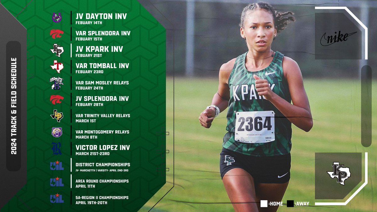 CoachCookKPHS's tweet photo. 2024 Track schedule is out and ready! Monday it all begins officially! Great group of ladies this season!
#LaceUp #ForEachOther #ForThePark
@HumbleISD_KPHS @HumbleISD_KMS @KMSLadyCougars @vypehouston @Nike @TXMileSplit @TTFCA @TexasXCCoaches @THSCAcoaches https://t.co/6C4sgvss7M