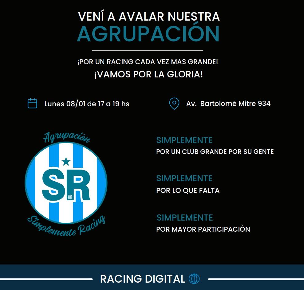 PoliticaRacing's tweet photo. 💣 Nueva unión de espacios. La agrupación SIMPLEMENTE RACING comenzará a juntar avales en conjunto con el movimiento RACING DIGITAL. https://t.co/UAx667qbEN