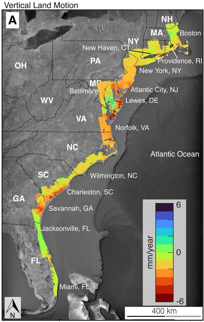 New study used remote sensing techniques to reveal widespread land subsidence on US east coast. Impacts on infrastructure and flood risk is significant affecting 89-95% of counties. academic.oup.com/pnasnexus/arti…