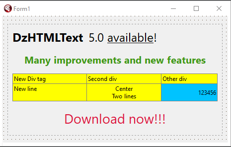 digaodalpiaz's tweet photo. DzHTMLText 5.0 available!
Delphi and Lazarus formatted label. It's free.
Windows, Linux, Android, iOS, Mac.
https://t.co/TOZcxFrGsh
#delphi #lazarus #html #formatted #label #linux #ios #android #mac #win64 #fmxlinux #fmx #vcl #opensource #free https://t.co/Tc2qzl1OKt