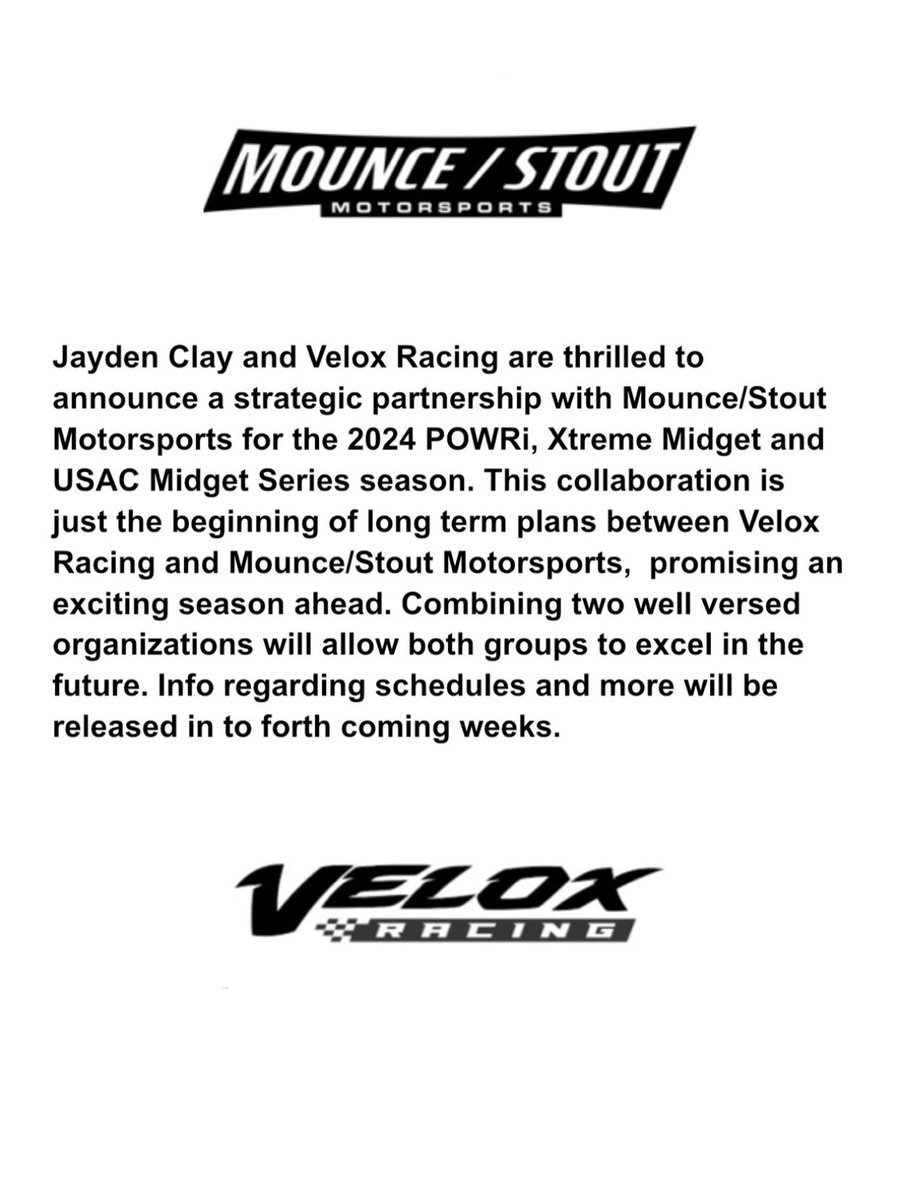 I am very excited to announce that I will be partnering with @mouncestout for 2024 season!  I will be running @powri_racing, @xtremeoutlaw and @usacnation Midget series. Can’t wait to see what 2024 brings to the table!