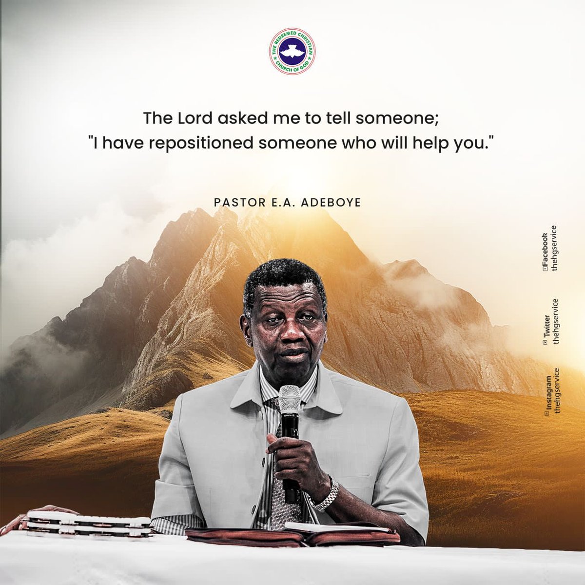 rccghq's tweet photo. The Lord asked me to tell someone; “I have repositioned someone who will help you.”

- Pastor Adeboye 

January 2024 Holy Ghost Service 
#FromTheMountainTop https://t.co/e14tK6Y2lB