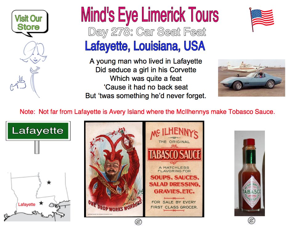 #Limerick #entertainment #humor #Tabasco #fun #Lafayette #Louisiana #Mcilhenny #AveryIsland mindseyelimericktours.com/?p=1721
zazzle.com/store/mindseye…