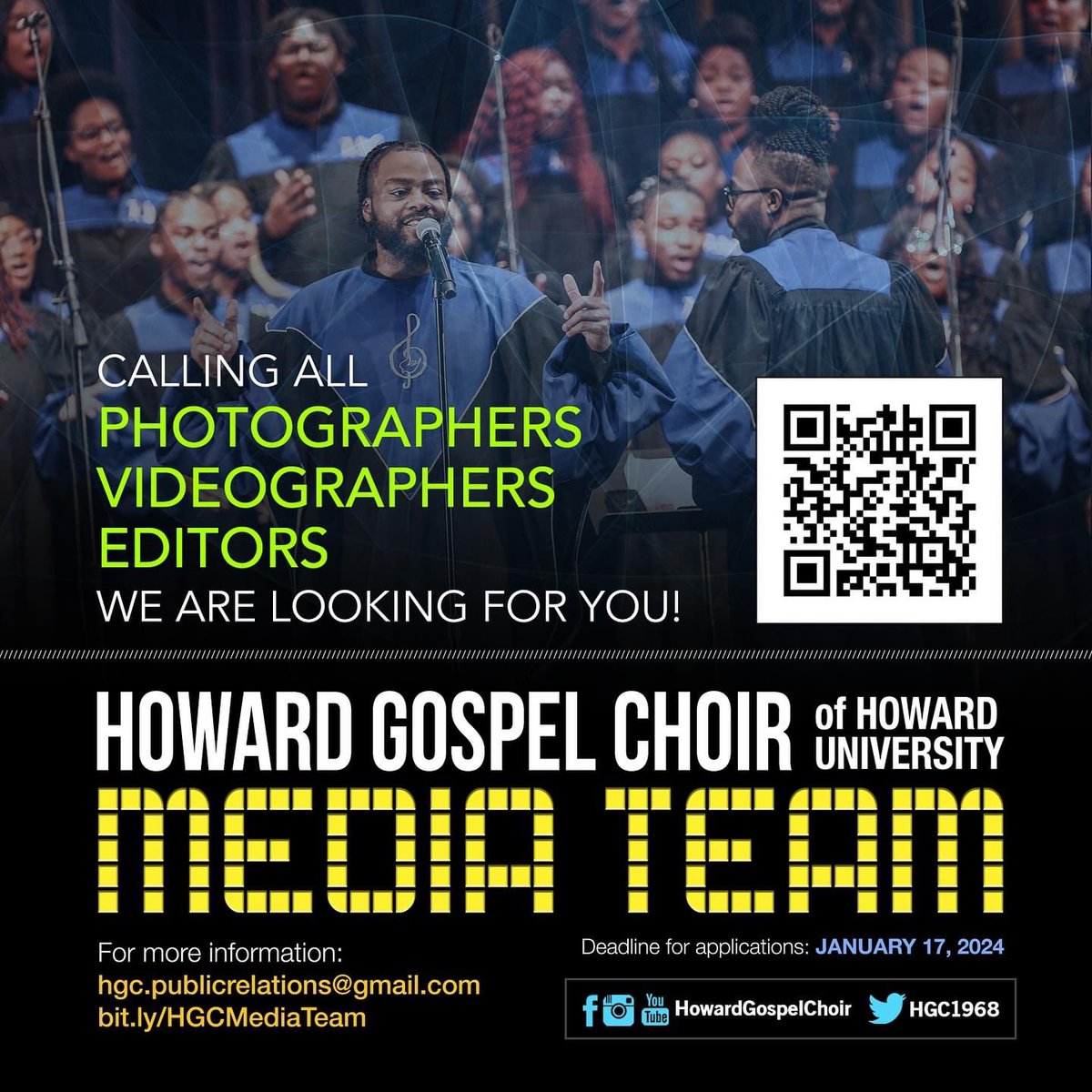Calling all PHOTOGRAPHERS, VIDEOGRAPHERS and EDITORS: We are looking for YOU! • Learn more: bit.ly/HGCMediaTeam #HowardGospelChoir #HowardUniversity @HowardU @HUSAssociation @HUCampusLife #retweet #creatives