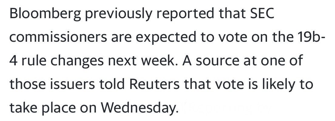 NateGeraci's tweet photo. Reuters now basically reporting same thing…

Amended S-1s due by 8amET on Mon &amp; potential approval Tues or Wed (which *could* mean possible launch Thurs or Fri).

SEC only asking for “minor” changes.

One source indicated SEC Commissioner vote likely to take place on Wed fwiw. https://t.co/0jn5dFXF2C