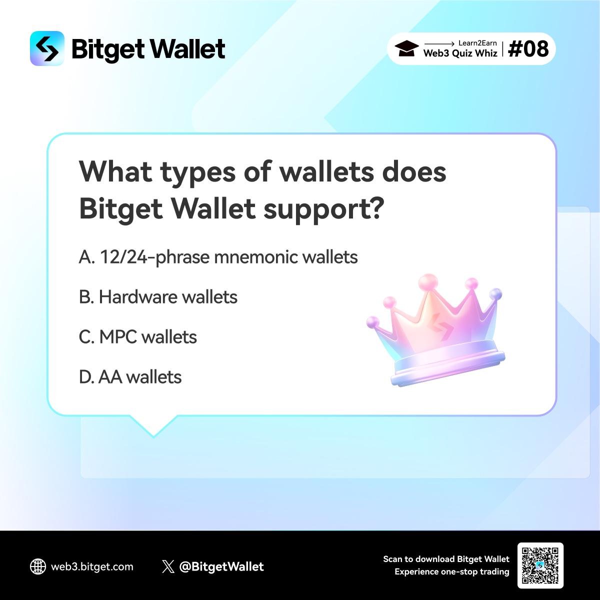 BitgetWallet's tweet photo. You want it, you get it!

The eighth round of Bitget Wallet's Web3 Quiz Whiz is here! This round features a multiple-choice question. There can be more than one correct answer, so pay attention!

Please leave your correct answer + EVM address in the comment section! 3 correct respondents will be selected to receive an airdrop of 5-10 GASU!