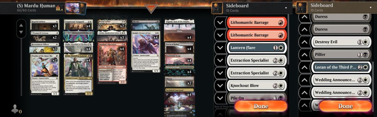 micronaut25's tweet photo. Standard Mardu Humans - #166 Mythic, January 2024
https://t.co/QNBxIkqFmA
New year, new deck. Quick run to Mythic and mostly felt good through it, but still needs tuning. Pile On and Lunarch Veteran are recent adds, I'm not fully sold on them yet.
#MTGArena @mtgazone https://t.co/aYJ8y9Oykl