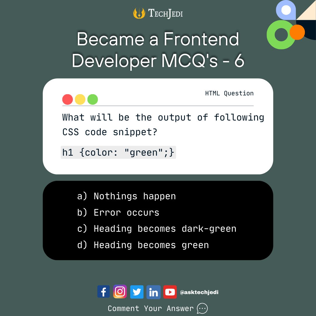 asktechjedi's tweet photo. What will be the output of following CSS code snippet?
Register Now: https://t.co/EzIiyjz3IZ
#html5 #coding #frontend #webdevelopment https://t.co/ZB6qMgbrnq