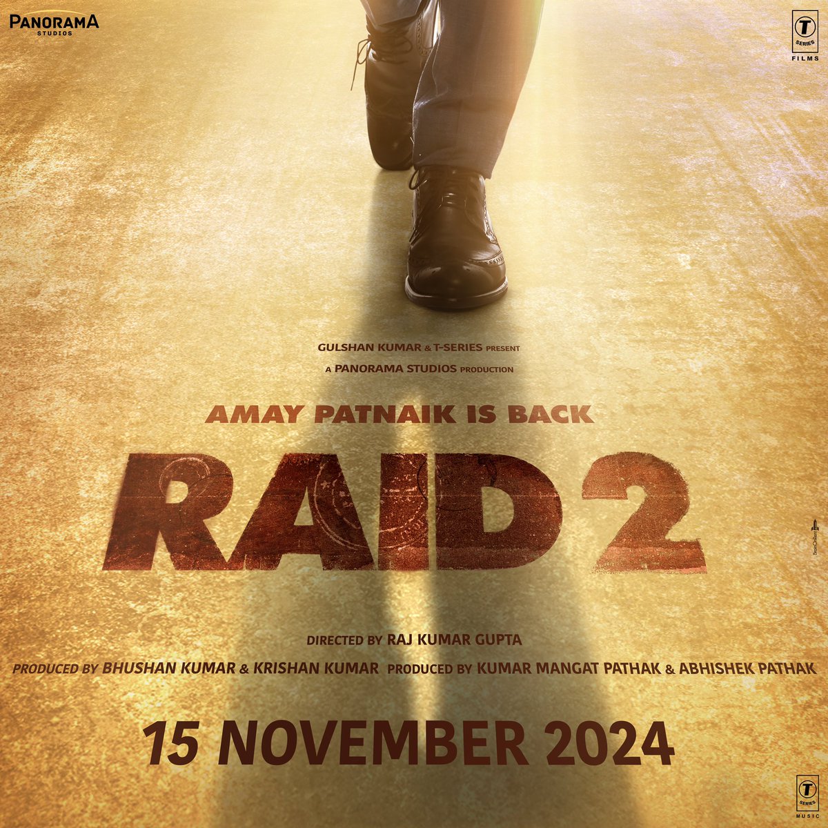 taran_adarsh's tweet photo. AJAY DEVGN: ‘RAID 2’ STARTS TODAY… 15 NOV 2024 RELEASE… #IRS Officer #AmayPatnaik is back… #AjayDevgn reunites with director #RajkumarGupta for #Raid2, the sequel to #Raid [2018].

The film commences shoot in #Mumbai today and will be extensively shot in #Mumbai, #Delhi, #UP and #Rajasthan.

#Raid2 is produced by Bhushan Kumar, Kumar Mangat Pathak, Abhishek Pathak and Krishan Kumar… In *cinemas* 15 Nov 2024.