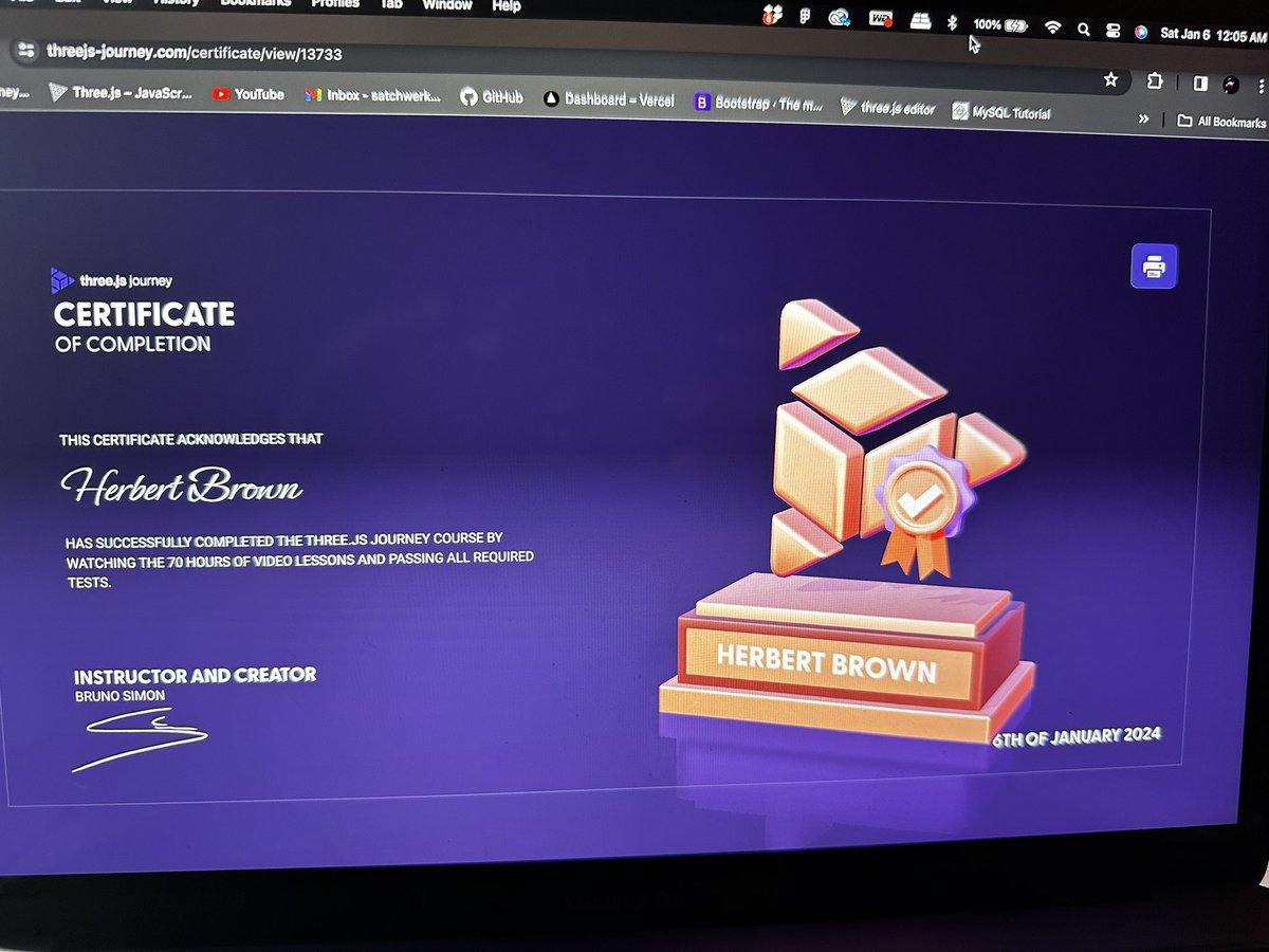satchwerk's tweet photo. I started my #ThreeJSJourney back in January ‘22. I was close to finishing when the React lessons were added. Then the quizzes were added. Life has been whooping me in between time but we made it!!! Thanks to @bruno_simon 10/10 would recommend #threejs #certified https://t.co/bFWujUXXVR