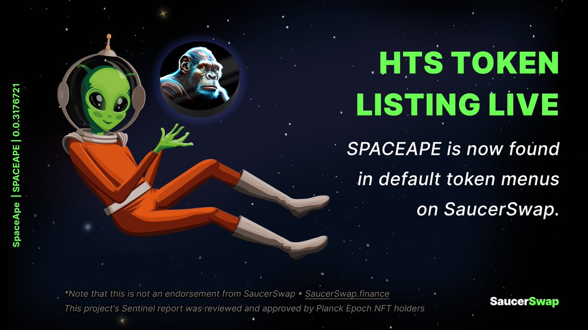 SaucerSwapLabs's tweet image. NEW LISTING ALERT📢

The SaucerSwap DAO has voted in favor of SPACEAPE to be promoted to the default list on SaucerSwap⚖️

Token metrics: geckoterminal.com/hedera-hashgra…

Sentinel report from @HeadStarterOrg: sentinel.headstarter.org/details/spacea…