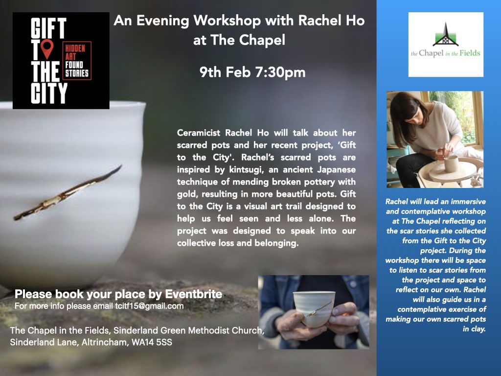 Rachel will lead an immersive and contemplative workshop at The Chapel reflecting on the scar stories she collected from the Gift to the City project, there will be space to listen to scar stories from the project and space to reflect on our own. eventbrite.co.uk/e/an-evening-w…