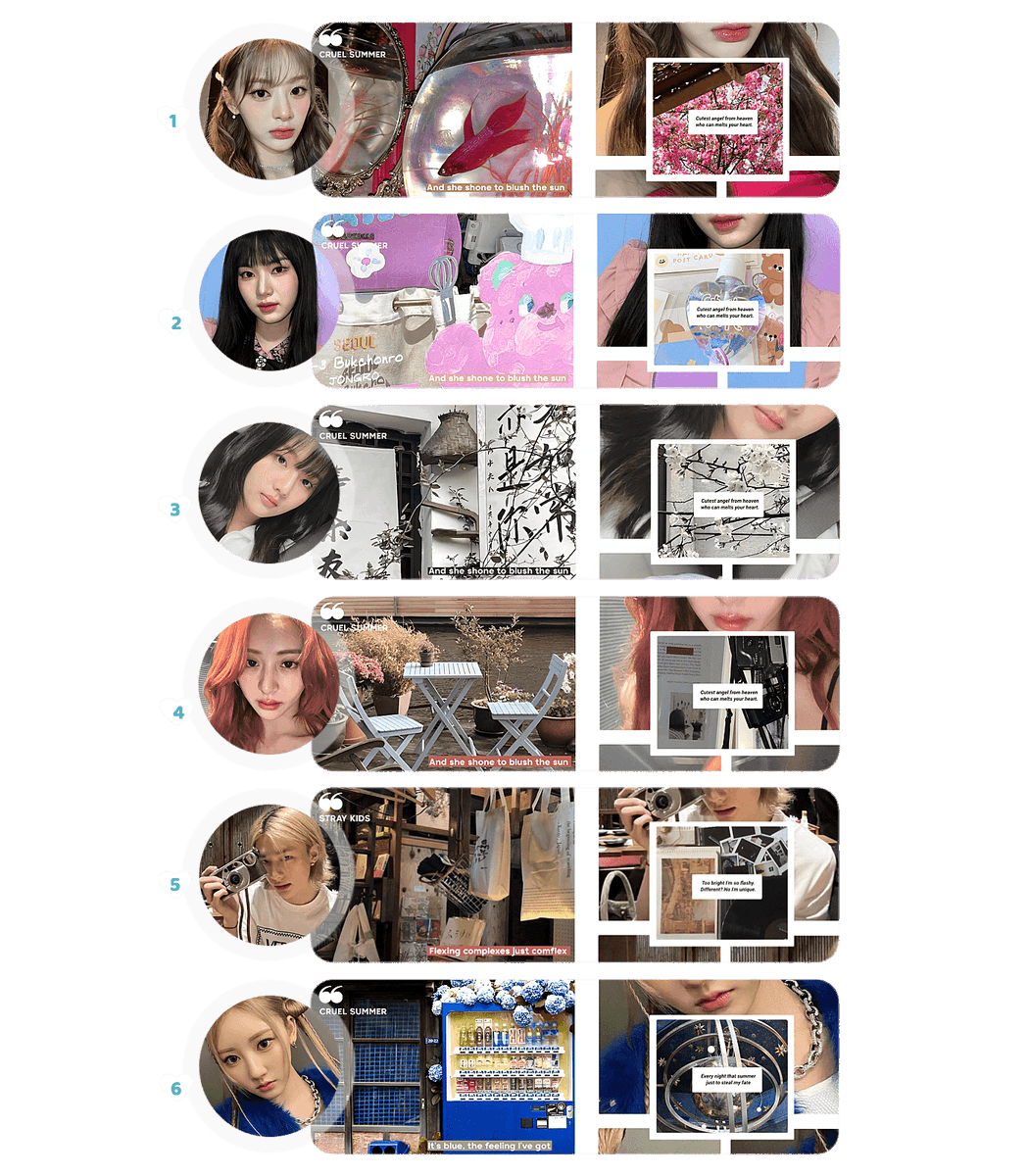 A repost would be appreciated! 

Calie bawa layout cruel summer moodboard ready stock chara isa, seeun, shin eunsoo dan yunjin dgn harga 3,5k/each (free retext) via All e-wallet atau QRIS.

#zonauang #zonajajan #zonaba