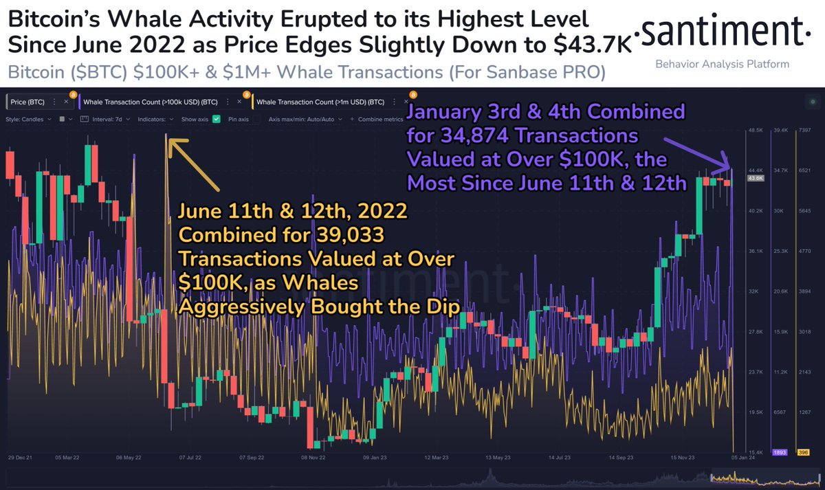 🐳 #Bitcoin is mildly declining as the weekend kicks off, and there may be  some volatility ahead with whale transactions hitting their highest level  since June 12, 2022. When whale activity spikes,