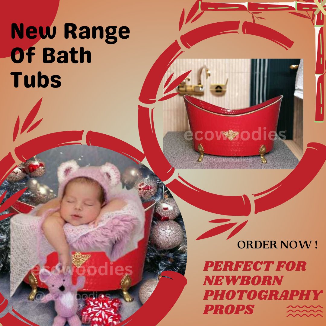 Elevate your newborn photography with #ecowoodies eco-friendly red bath tub, recyclable metal bath tubs, meticulously handmade by Indian artisans.  Explore the perfect blend of artistry and eco-conscious design. #MetalNewbornProps #EcoFriendlyPhotography #HandmadeArtistry