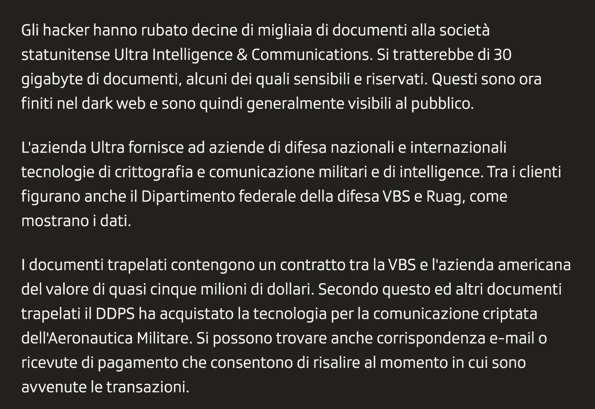 Claudio (@sonoclaudio) on Twitter photo #Ransomware: attaccata Ultra Intelligence & Communications, azienda di sicurezza 🇺🇸 che fornisce tecnologia di comunicazione ad aziende del settore della difesa in tutto il mondo.
Colpita anche l’aeronautica militare svizzera. Il DDPS | <a href="/SwissGov/">Swiss Federal Government</a>🇨🇭 ha confermato la fuga di dati. #Ransomware: attaccata Ultra Intelligence & Communications, azienda di sicurezza 🇺🇸 che fornisce tecnologia di comunicazione ad aziende del settore della difesa in tutto il mondo.
Colpita anche l’aeronautica militare svizzera. Il DDPS | <a href="/SwissGov/">Swiss Federal Government</a>🇨🇭 ha confermato la fuga di dati.