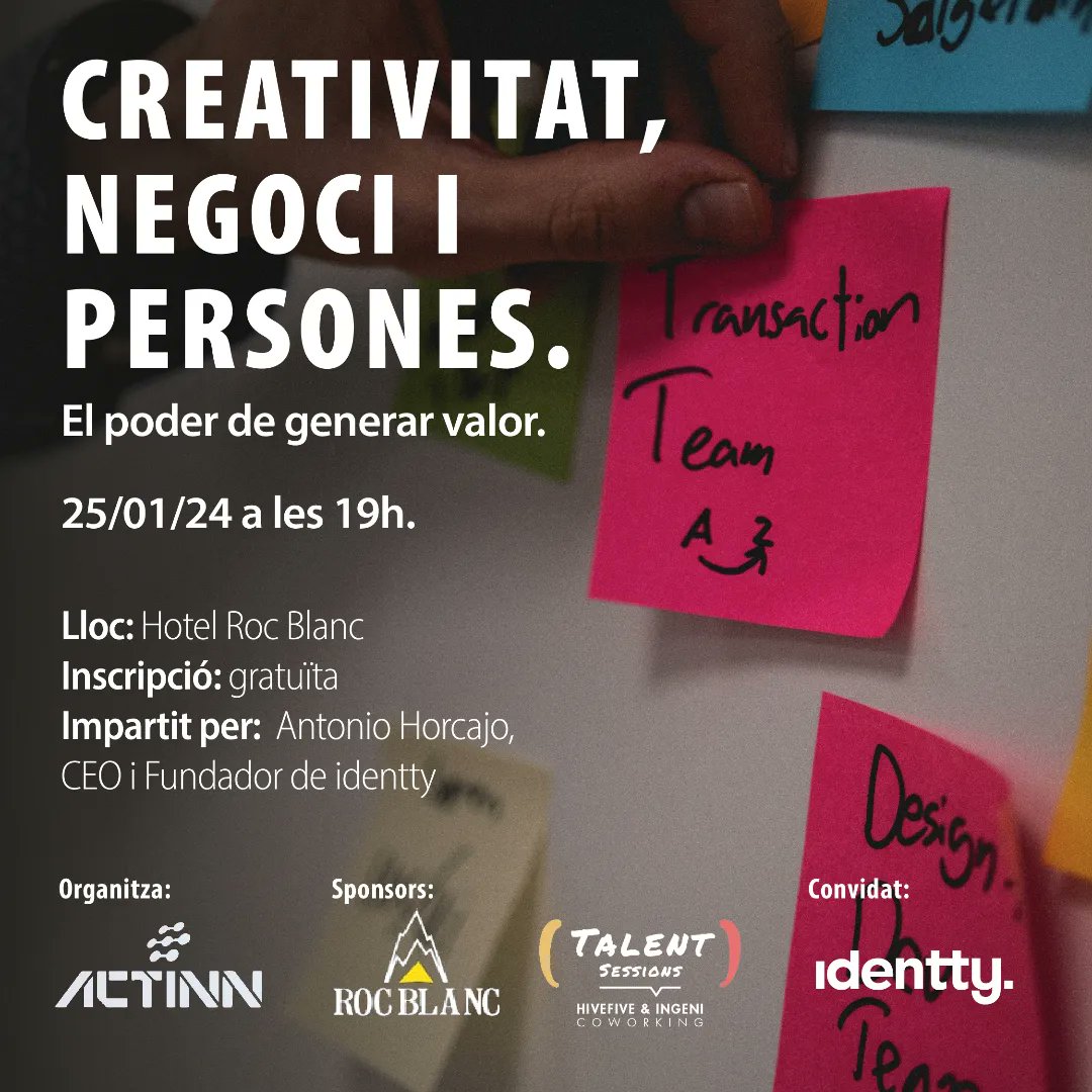 Actinn_andorra's tweet photo. 📢 Nou ACTINN&TALKS: "Creativitat, negoci i persones. El poder de generar valor."
🚀 Ponent: Antonio Horcajo, CEO i fundador del nostre soci Identty.
🗓 Data, hora i lloc: dijous, 25 de gener , 19 h, Hotel Roc Blanc.
#actinnandtalks #actinn #identty https://t.co/IGasoU03je