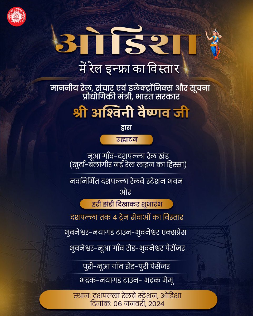 BhusavalDivn's tweet photo. गतिमान इतिहास! 🚆
हमारे साथ जुड़ें क्योंकि माननीय श्री अश्विनी वैष्णव नूआगाँव-दशपल्ला रेल खंड का उद्घाटन कर रहे हैं, जो खोरदा-बालंगीर नई रेल लाइन में एक मील का पत्थर है।
#RailInfra4Odisha
#RailwayMilestone #ConnectivityUpgrade #OdishaRailways https://t.co/g31g3qGCWl