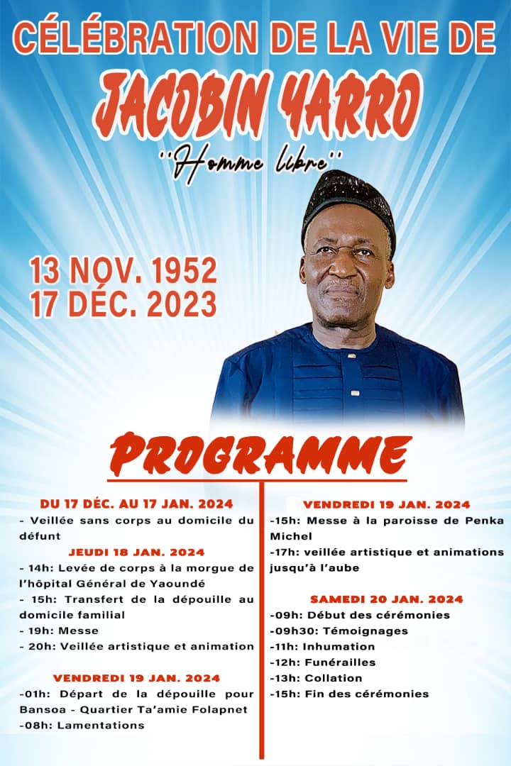 Cher.es fans.
Nous vous remercions pour vos messages à son égard.
Veuillez recevoir le programme de notre père Jacobin YARRO.
Metteur en scène de la plus part de nos films.
Que son âme repose en paix.