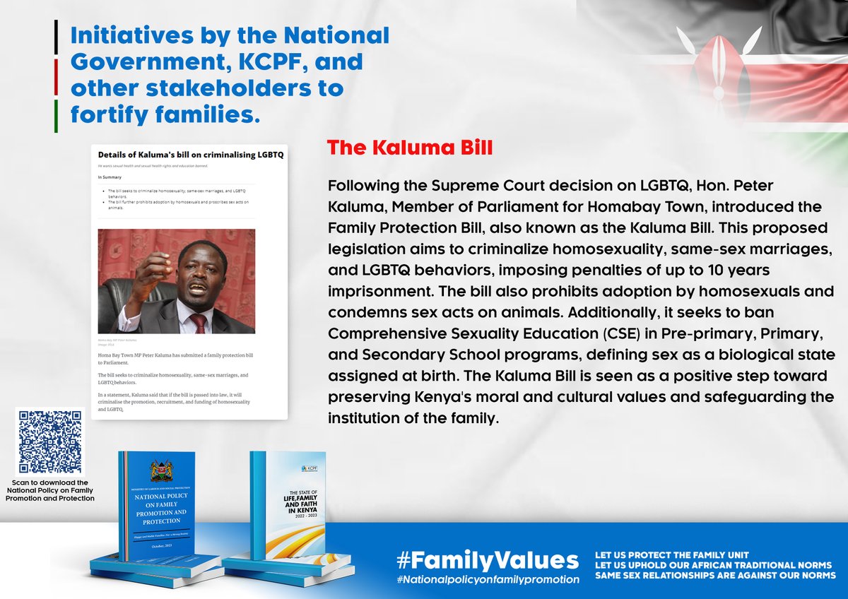 Various stakeholders, including Members of Parliament, have proposed measures to ensure #familystability. 

Recently, Hon. Peter Kaluma, MP Homabay Town, introduced the #FamilyProtectionBill2023 ,aiming at criminalizing #samesex relationships and #LGBTQ behaviors.#FamiliaDhabiti
