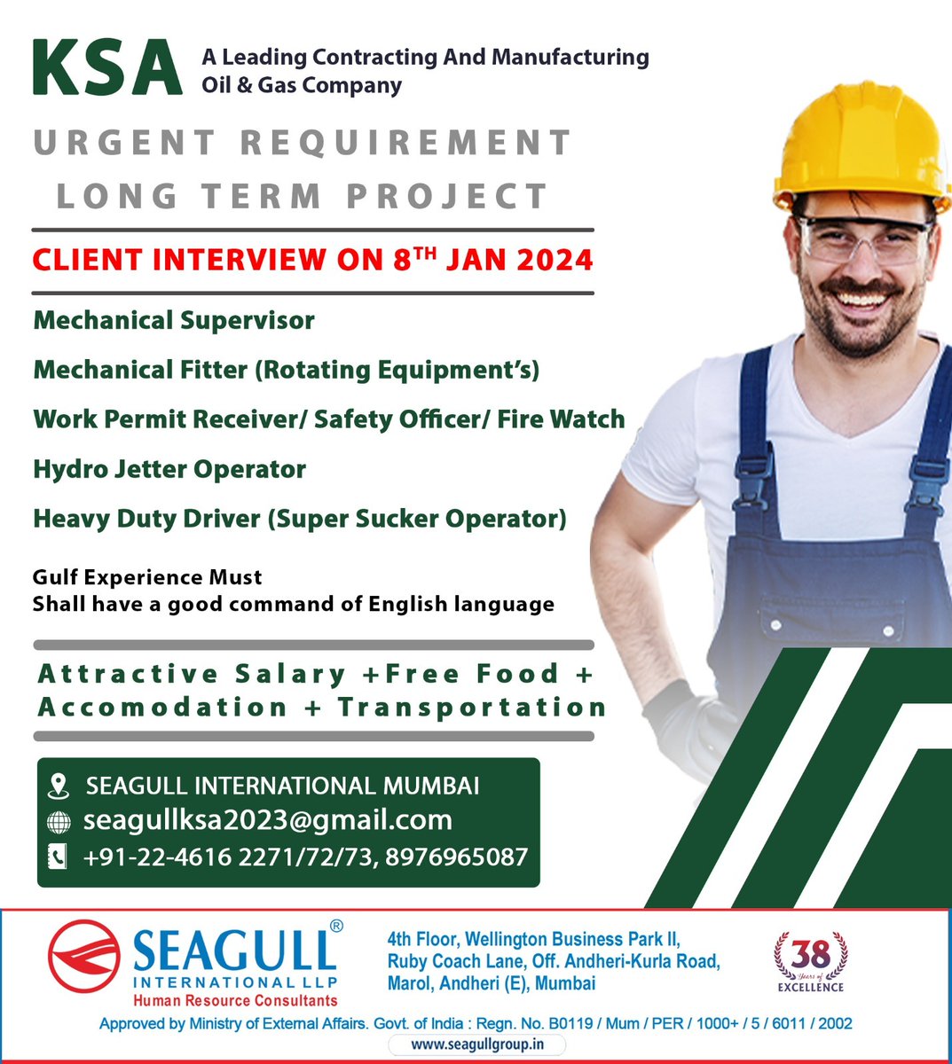 🇸🇦Ksa Jobs 
‼️Urgent Requirement 
✔️Long Term Project 
🖇️Client Interview On 8th January 2024
📍Location- Mumbai
.

.

.
#ksajobs #seagull #mumbaijobs #mechanicalsuperviosr #mechanicalfitter #workpermitreceiver #safetyofficer #firewatch